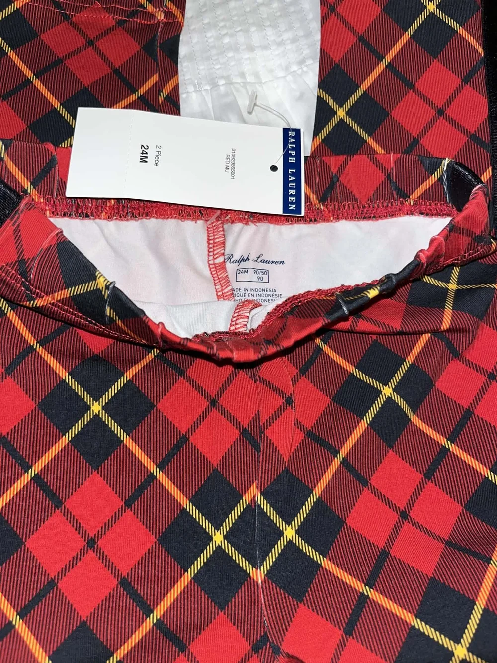 Ralph Lauren Red Black Plaid Pants With White Smock Top Ruffle Sleeves